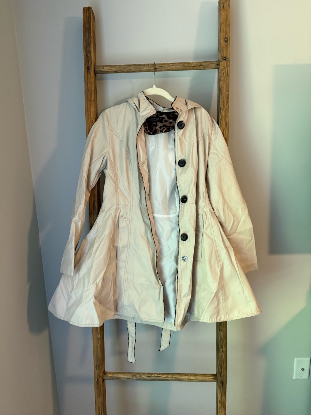 Laundry By Shelli Segal Cream Hooded Flared Trench Coat with Leopard Trim